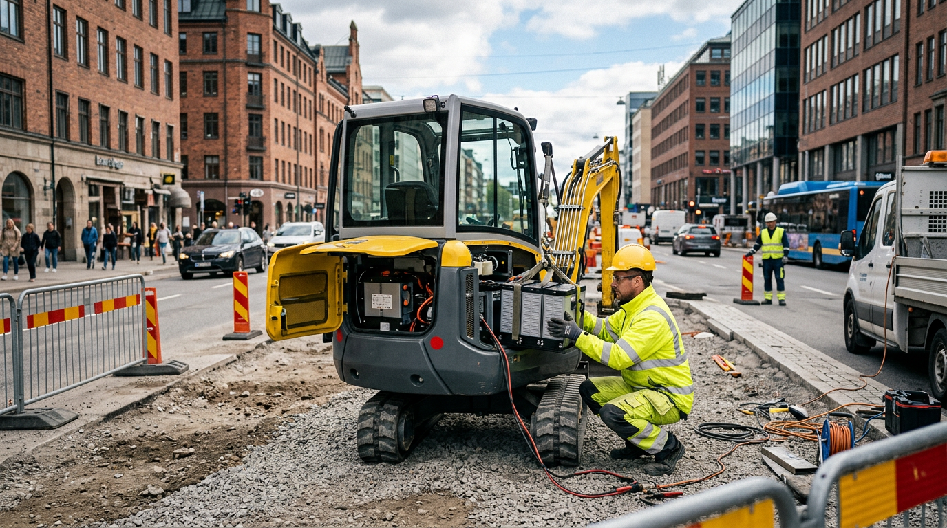 A technician swapping a battery pack on an electric mini excavator at a city job site