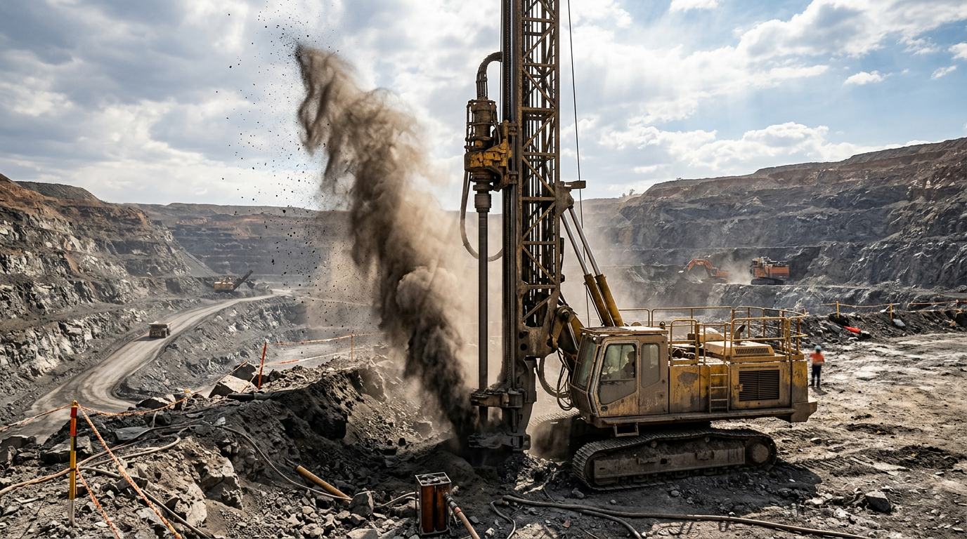 A rotary blasthole drill rig drilling on an open-pit mine bench