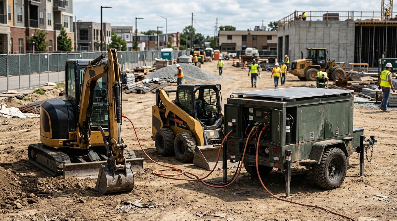 A mobile charging trailer connected to an electric excavator and skid steer