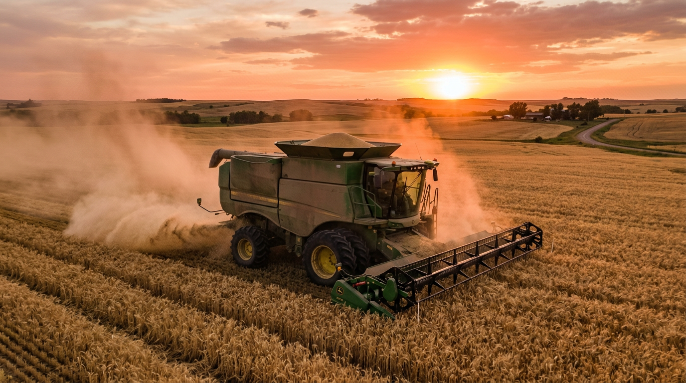 A combine harvester cutting a golden wheat field at sunset