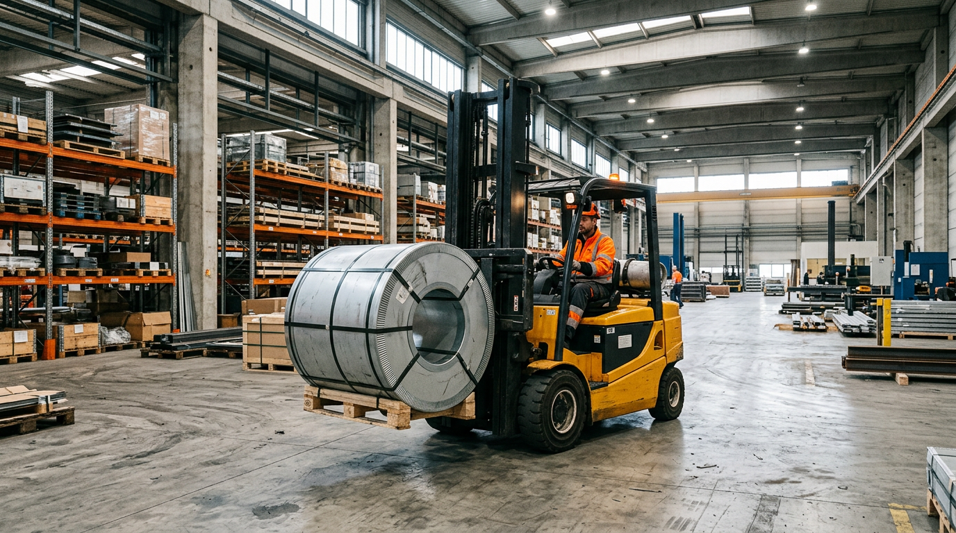 An electric forklift lifting a steel coil inside an industrial warehouse