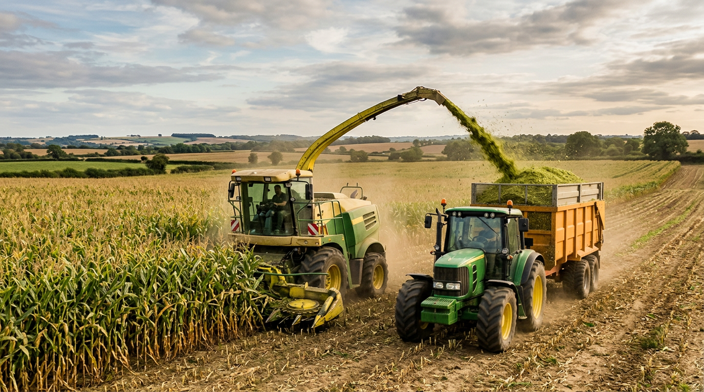 A forage harvester blowing chopped maize into a trailer alongside it