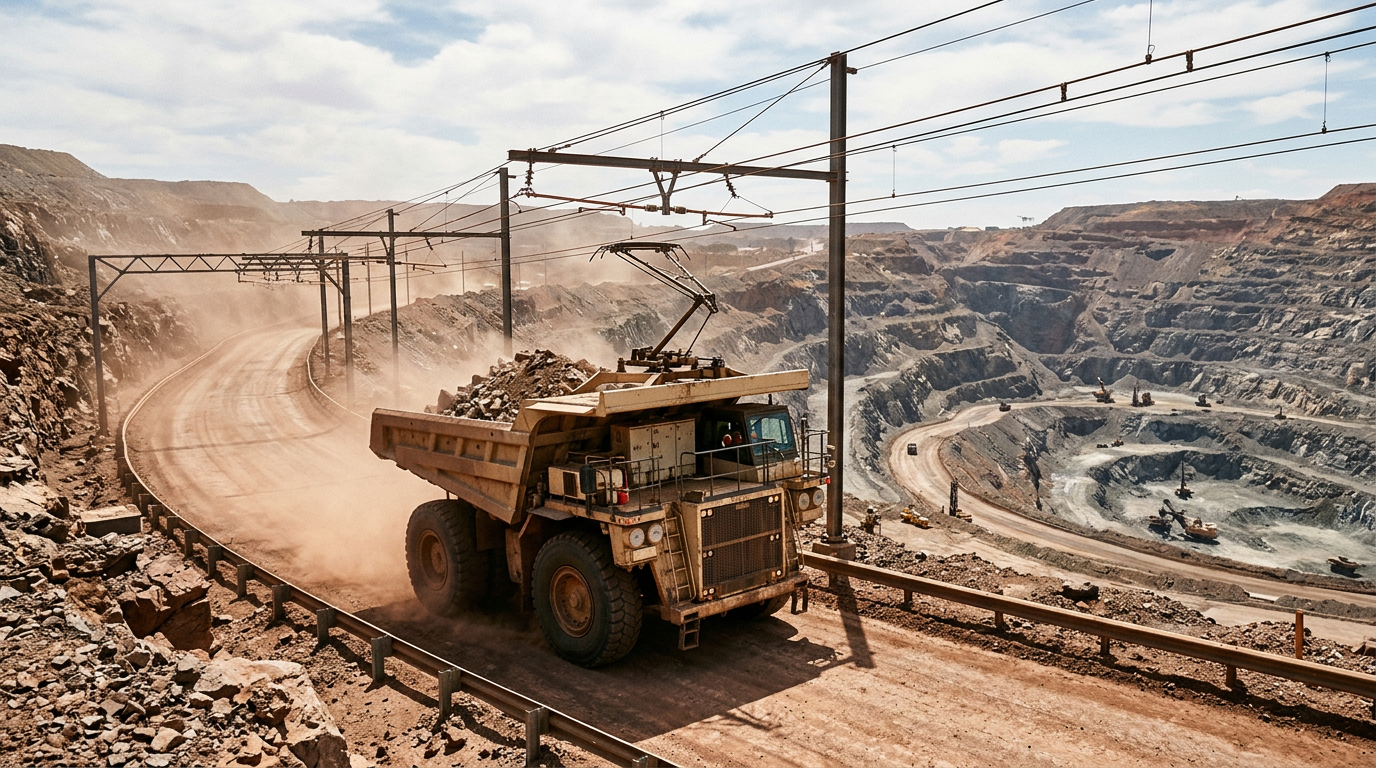 A mining haul truck climbing an open-pit ramp beneath overhead electric lines