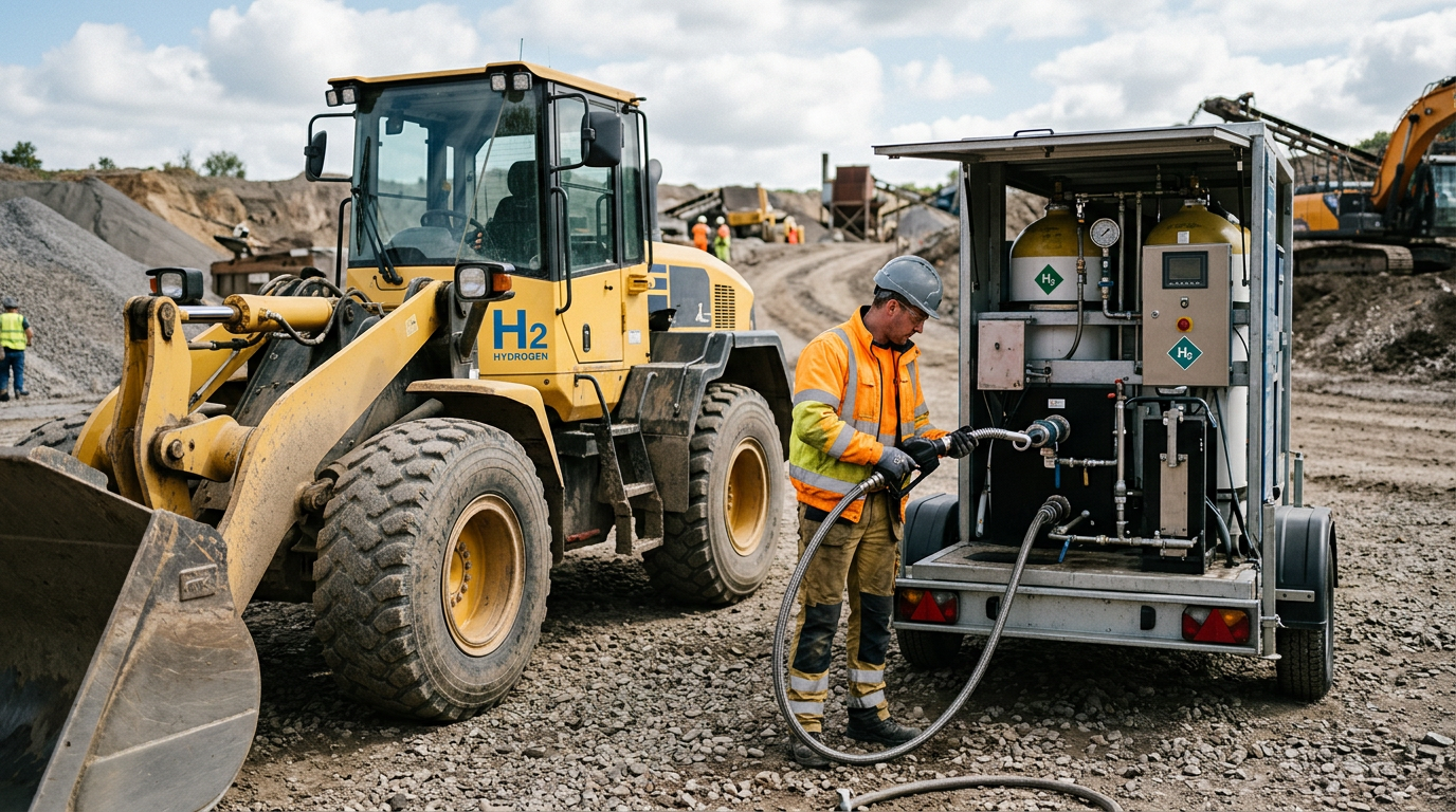 A wheel loader refuelling at a mobile hydrogen dispenser trailer