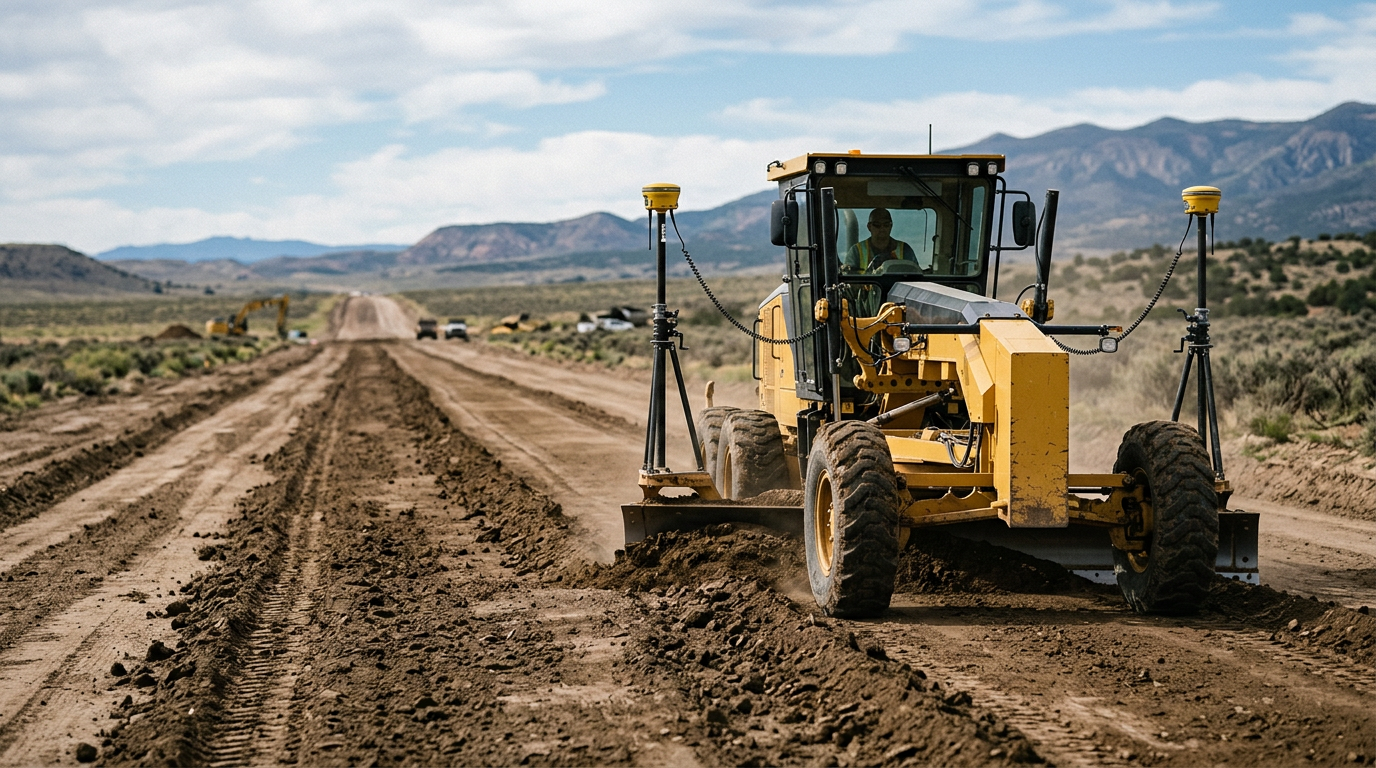 A motor grader with GNSS masts on its blade shaping a new road bed