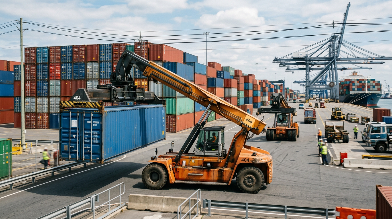 A reach stacker lifting a shipping container in a port terminal