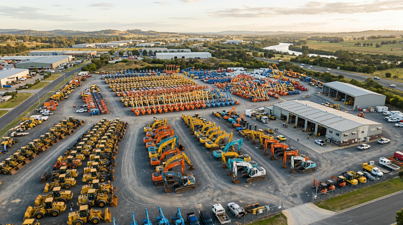 An aerial view of a large equipment rental depot with rows of lifts, excavators, and loaders
