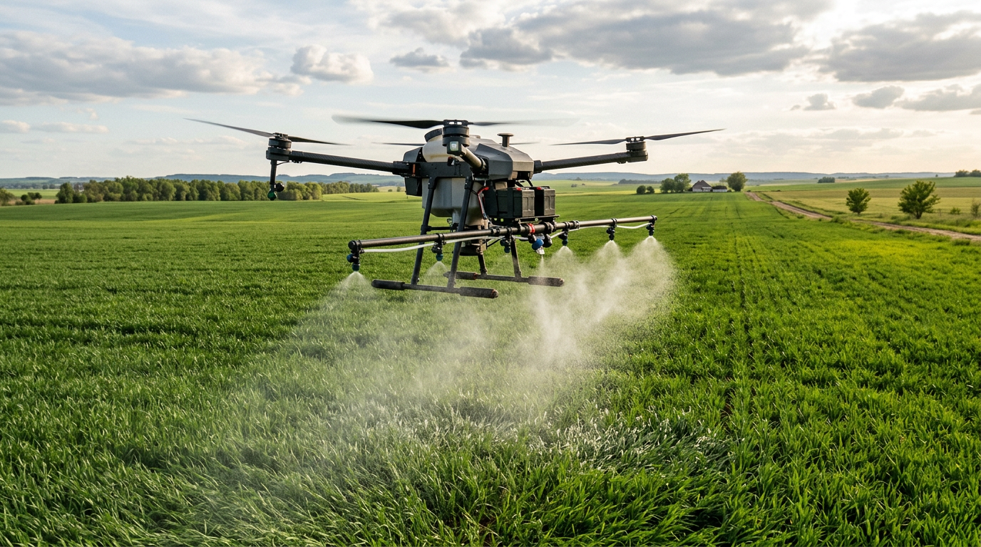 An agricultural spray drone spraying a green crop field