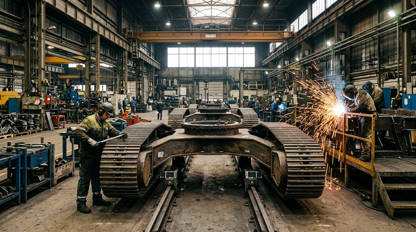Excavator undercarriages moving along an assembly line in a heavy equipment factory