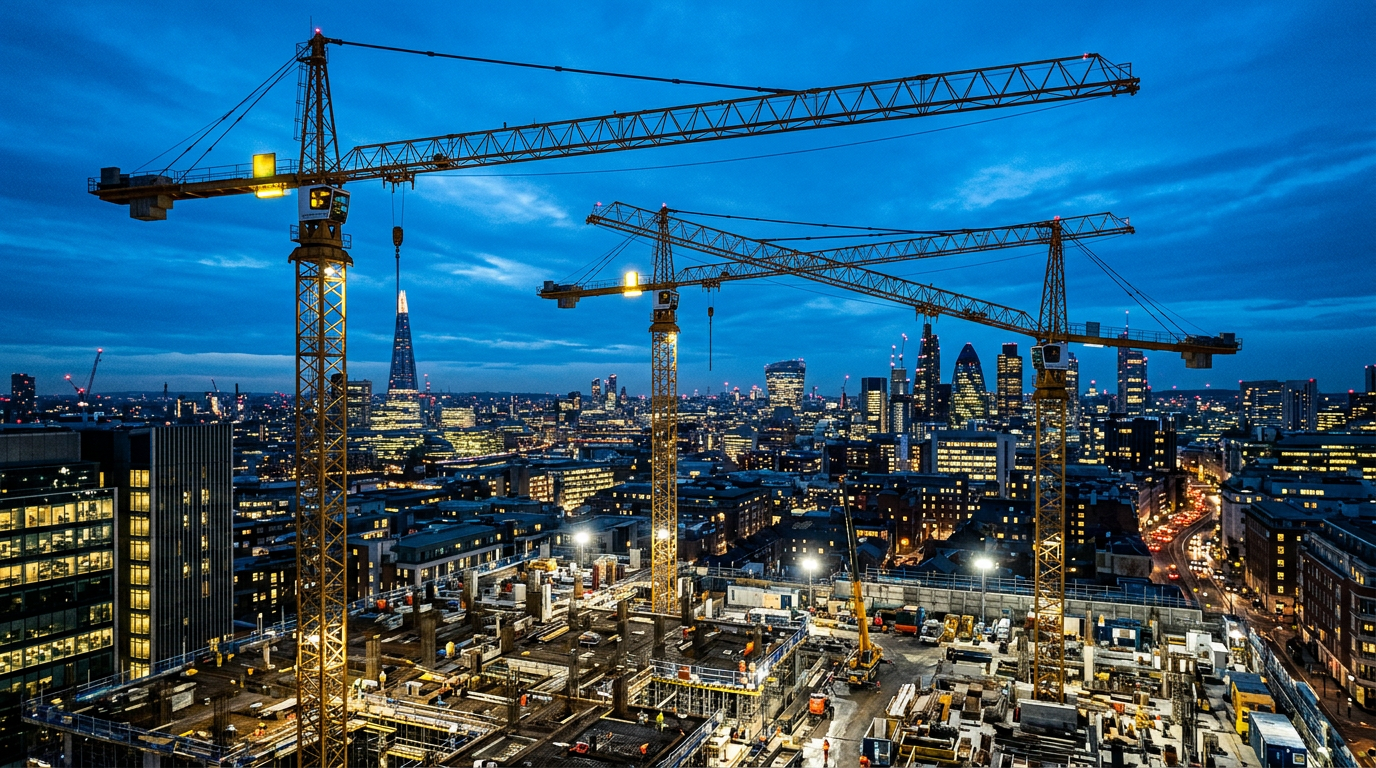 Three tower cranes with overlapping jibs above a city construction site at dusk