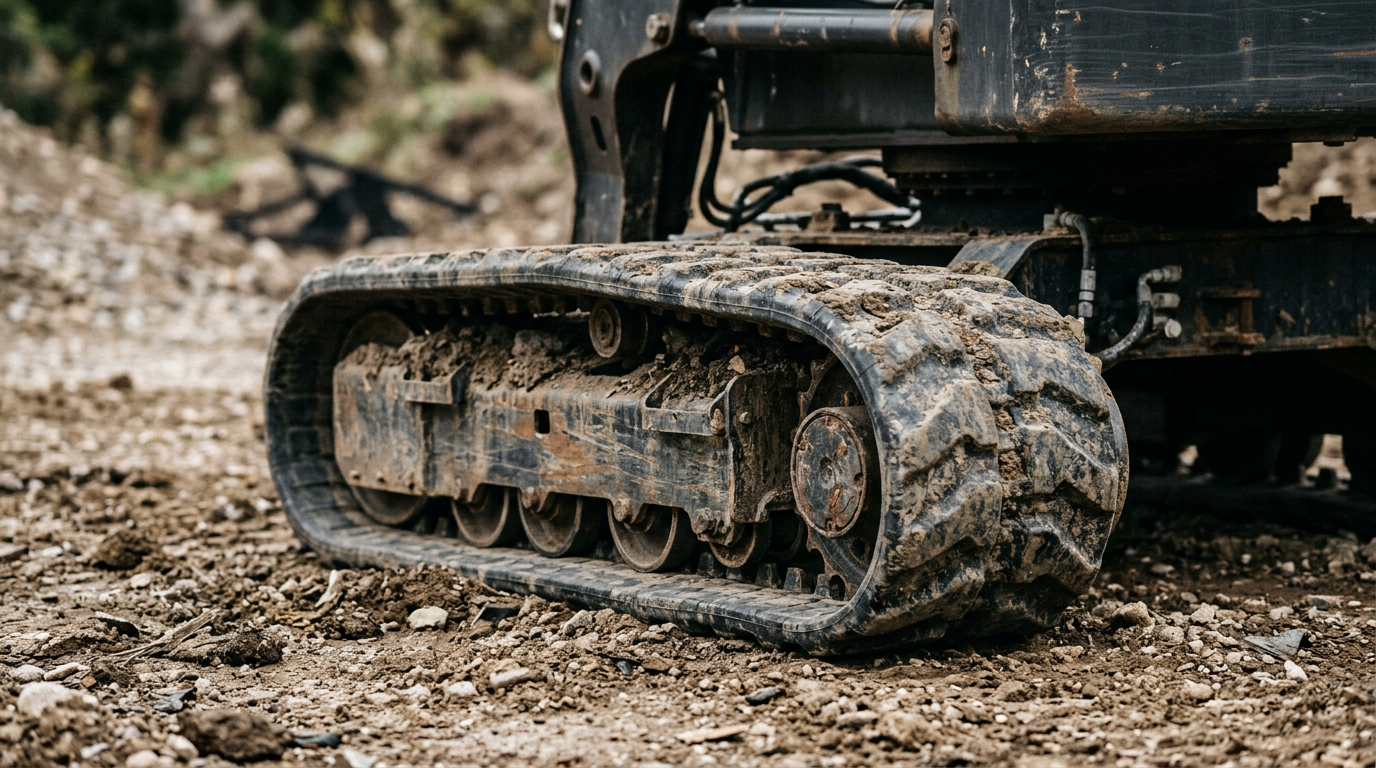 A close-up of the rubber track and undercarriage of a compact track loader