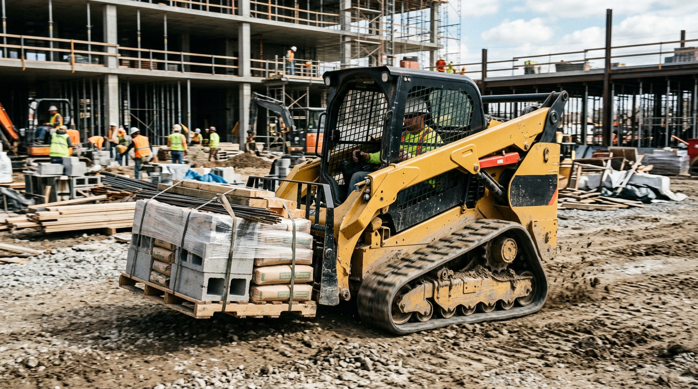 A compact track loader carrying building materials on pallet forks