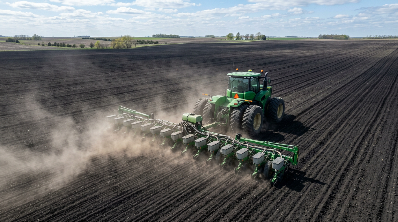 A large green tractor pulling a wide planter across a freshly tilled field